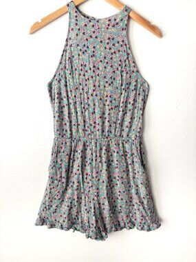 Mossimo Floral Romper XS Teal Green Pink Ditsy Halter High Neck Ruffle Summer